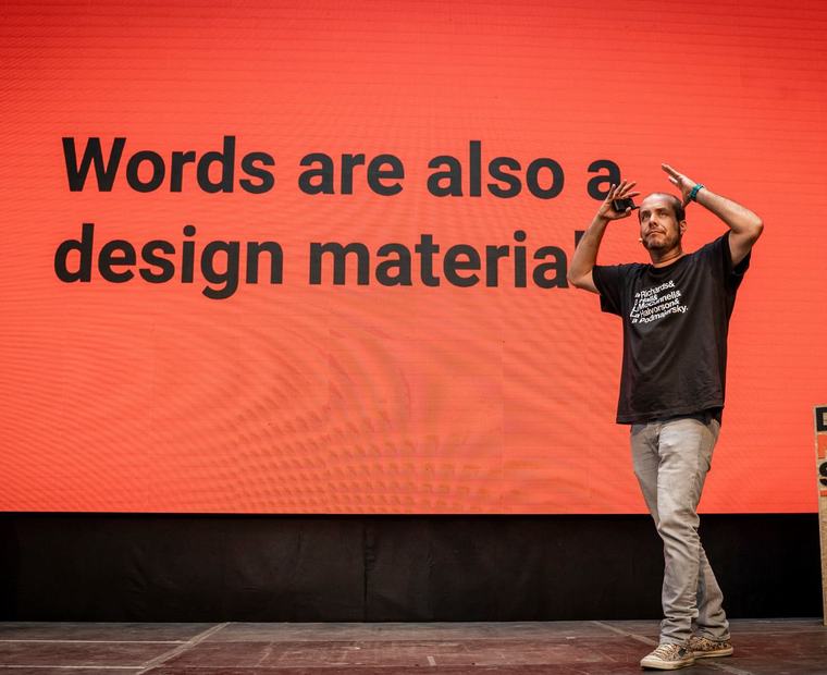Mario Ferrer speaking on stage at Design Matters 2021