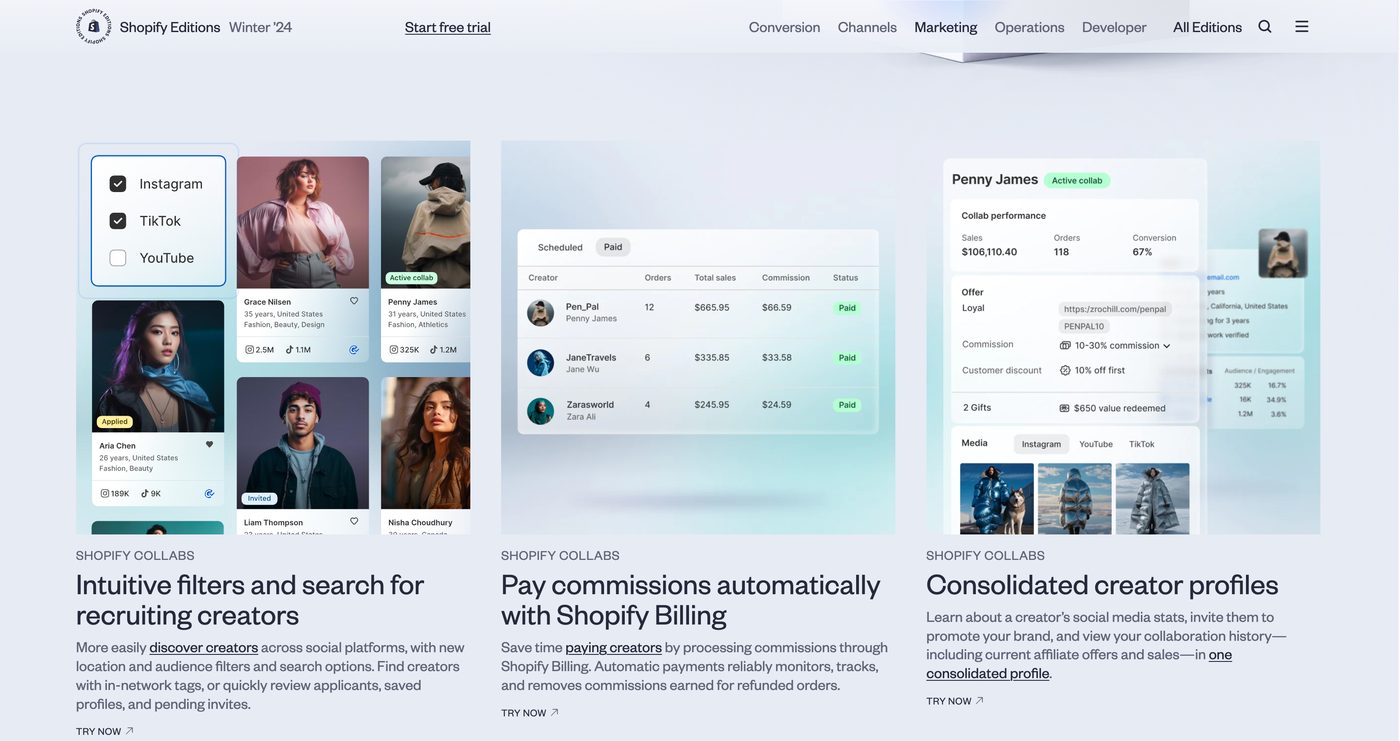 Shopify Collabs creator app feature pages