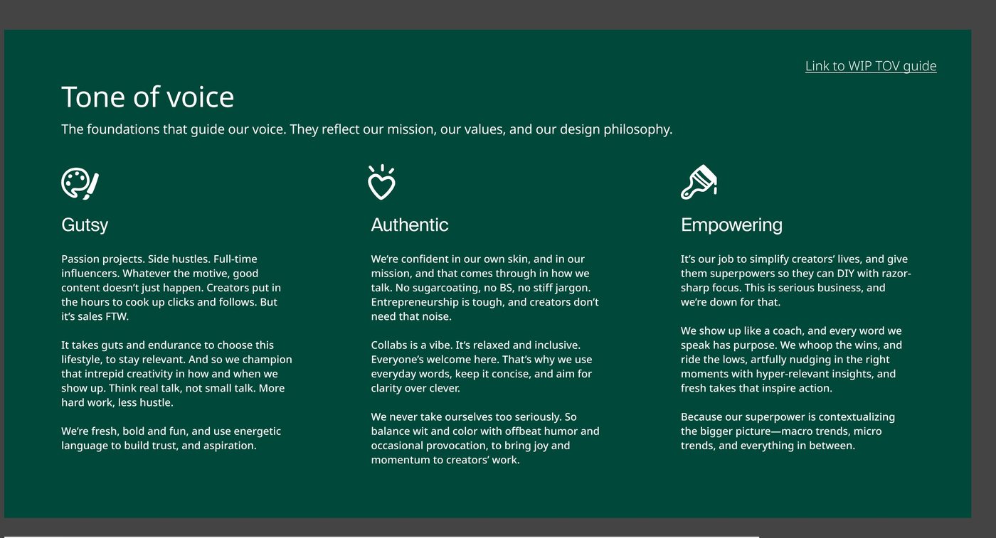Collabs tone of voice: Gutsy, Authentic, and Empowering pillars, each tied to a creator insight