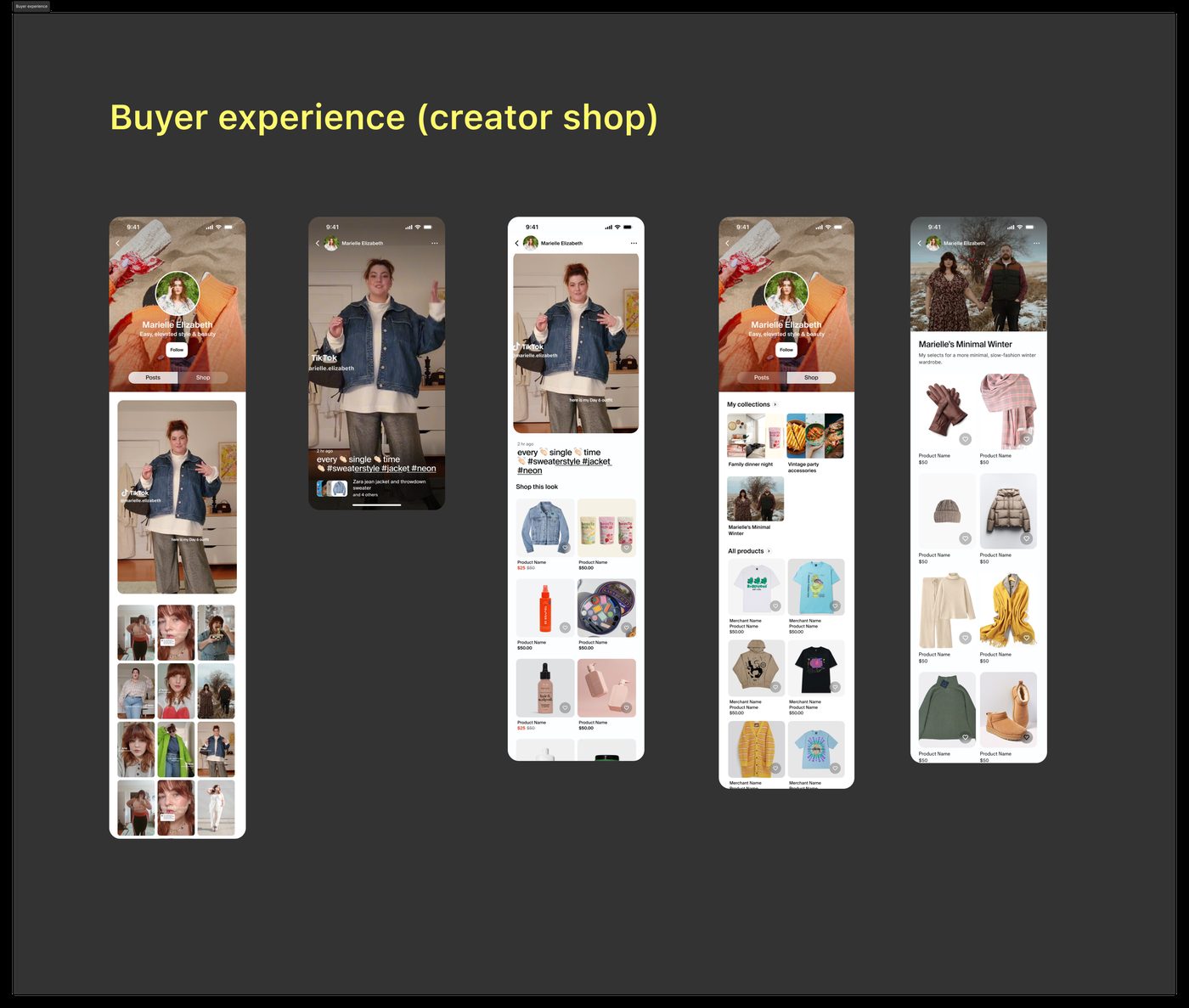 The shoppable creator storefront a buyer sees: creator profile, content post, Shop this look, and curated collections