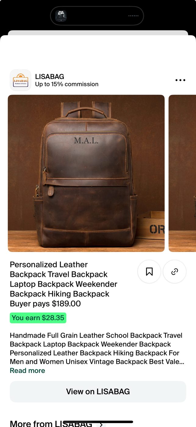 Live Collabs app product page showing real commission math: Buyer pays $189.00, You earn $28.35