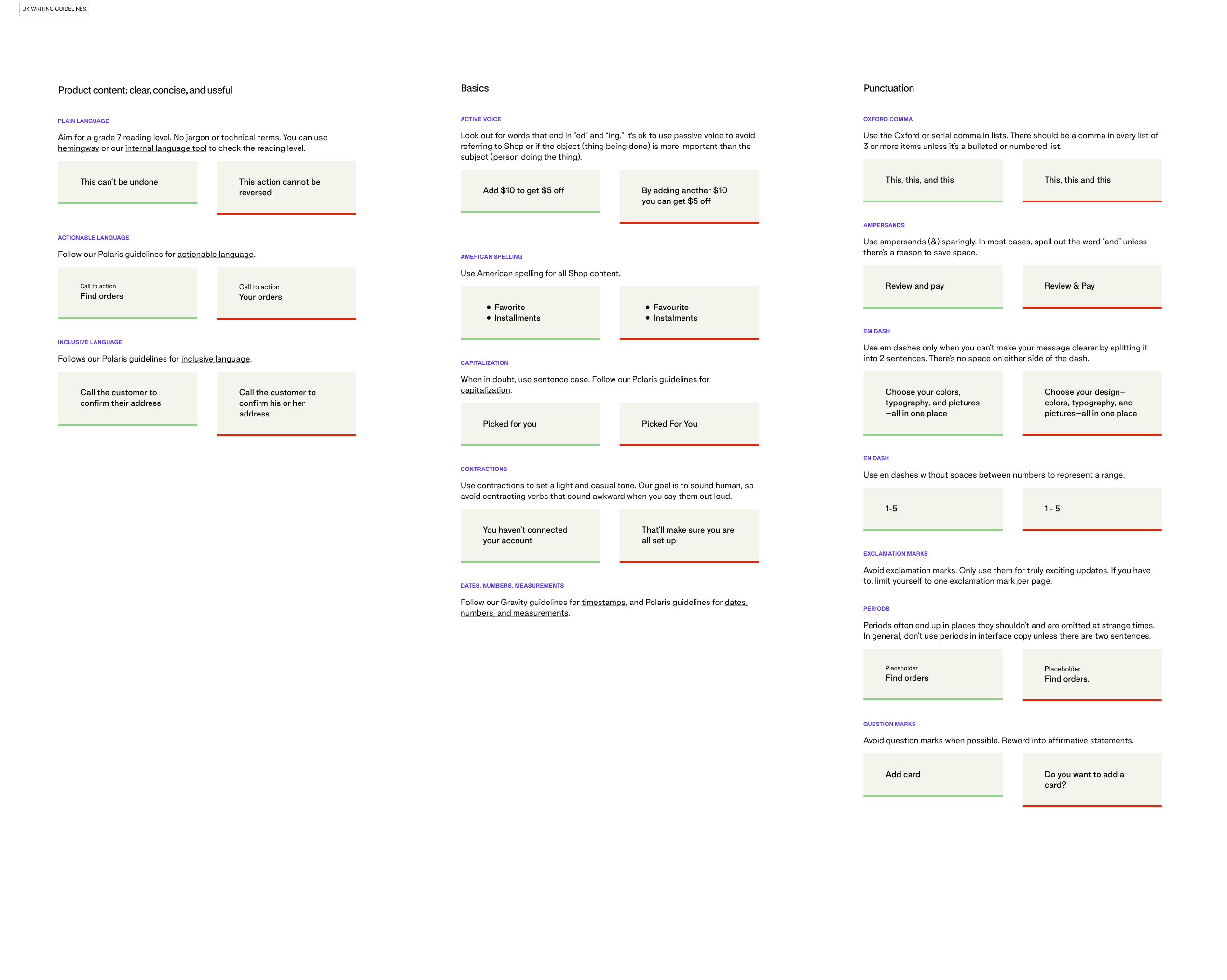 Gravity writing guidelines: plain language, actionable and inclusive language, and punctuation mechanics, with explicit references to Polaris