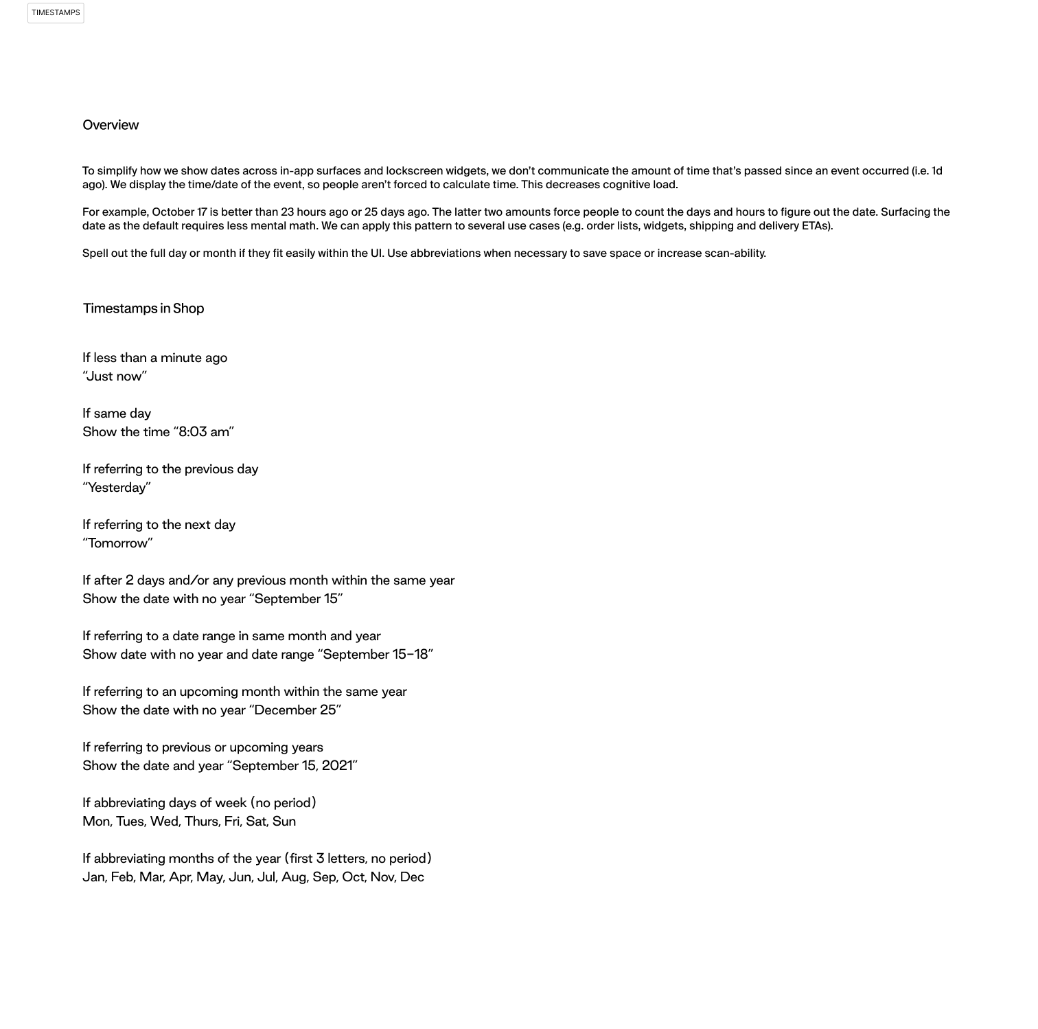 Gravity timestamp content pattern, showing the rule and its stated cognitive-load rationale