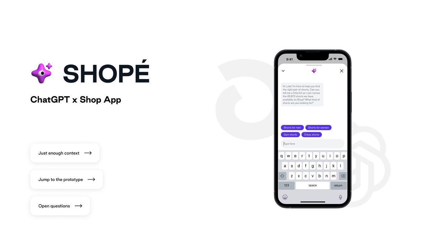 Shopé, the ChatGPT-powered shopping assistant in the Shop app, showing a chat helping a shopper find shorts