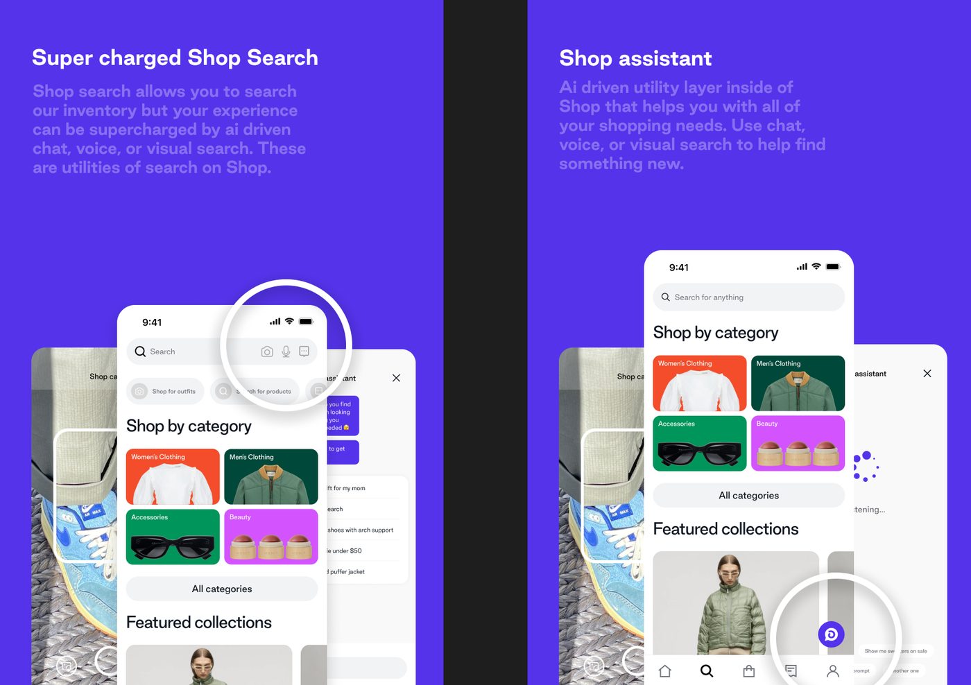 The plain-language pitch poster: an AI-driven utility layer inside Shop that helps with all your shopping needs