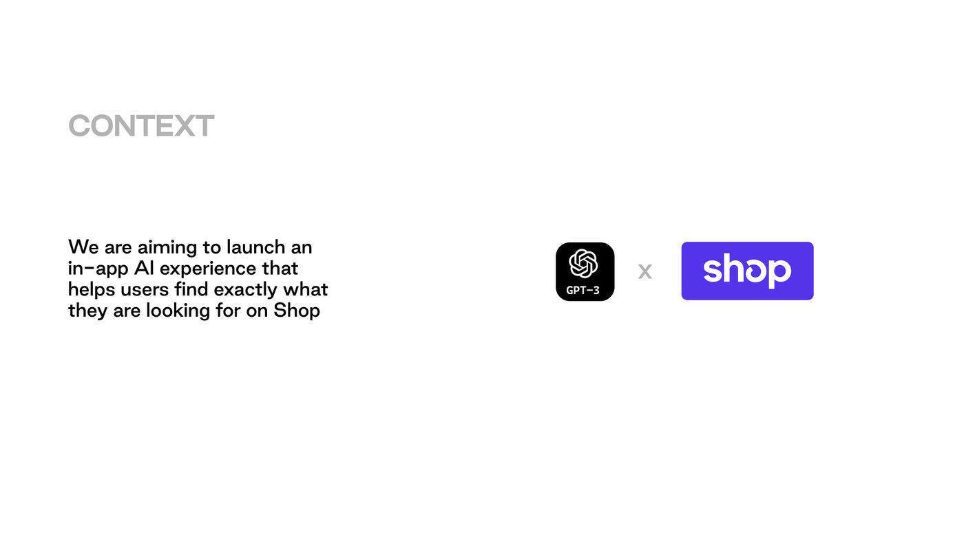 The one-line context slide framing the project as GPT-3 times Shop