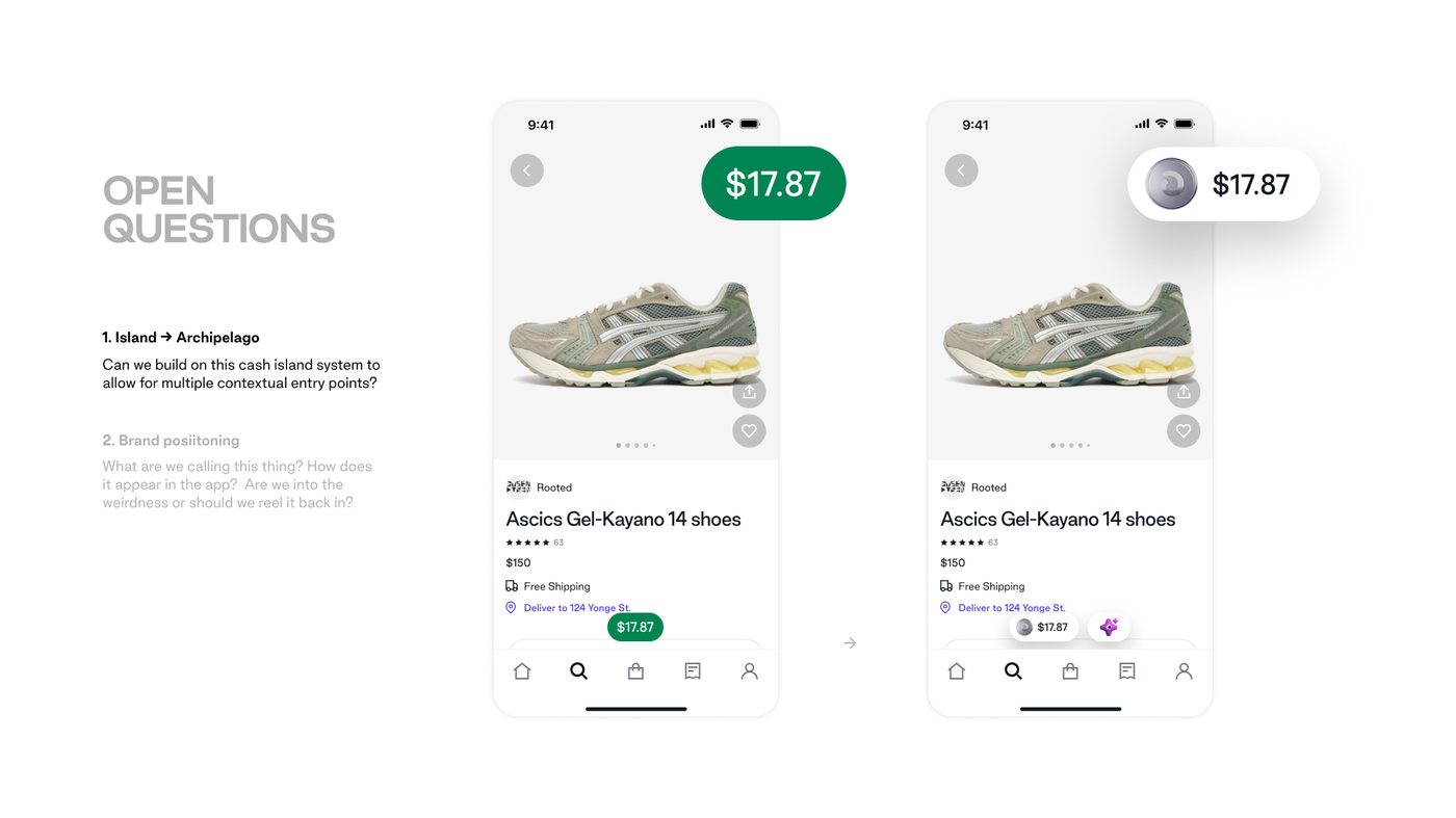 Real unresolved questions about naming and brand positioning shown against actual entry-point iterations, Cash Island versus shopé