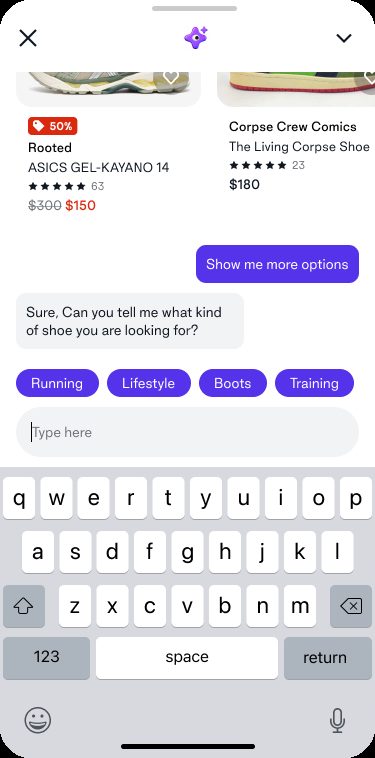Finished chat screen: the assistant asking what kind of shoe, with Running, Lifestyle, Boots, and Training quick-reply chips
