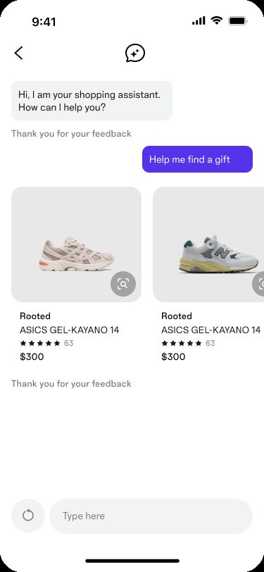 Chat state: products returned, with product cards in the conversation